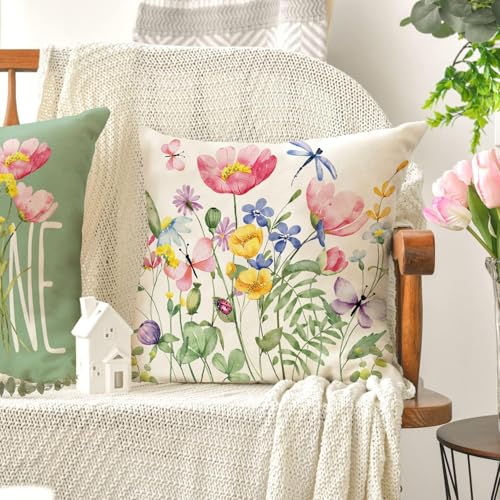 WOKANI Outdoor Throw Pillow Covers 18x18 Set of 4 Spring Summer Garden Flowers Farmhouse Patio Decorative Cushion Covers Home Decor Couch for Sofa Bedroom Livingroom