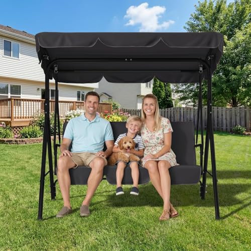 AECOJOY Porch Swing with Stand, Outdoor Swings for Adults, 3-Seat Outdoor Swing with Canopy, Outside Swing Bench with Removable Cushion, Suitable for Backyard, Garden, Yard, Poolside, Balcony (Black)