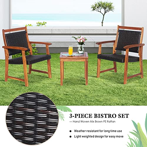 Tangkula 3-Piece Patio Acacia Wood Bistro Set, Patiojoy Outdoor Furniture Set with 2 Chairs & Side Table, Weather Resistant Rattan Garden Conversation Chair Set for Pool Side, Deck, Balcony