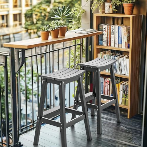 VINGLI 29" Outdoor Bar Stools Set of 2, HDPE Poly Lumber Bar Chairs with Footrest, Weather Resistant Patio Barstools for Bar, Kitchen Counter, Yard (Gray, 29 Inch 2 PC)