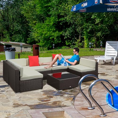 Outsunny 7 Piece Patio Furniture Set, Wicker Outdoor Sectional Sofa Set, All Weather PE Rattan Outdoor Furniture Conversation Sets with Cushions, Glass Top Coffee Table, Pillows, Cream White