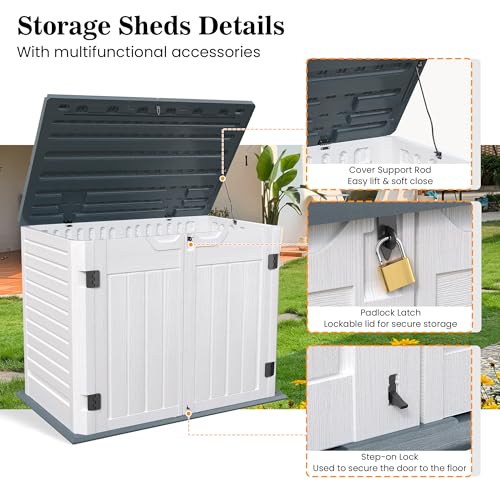 UDPATl0 35 Cu.Ft Horizontal Outdoor Storage Shed, Resin Outdoor Cabinet Waterproof & Lockable for Generator, Garbage Can Garden Tools, White, White & Grey Trim