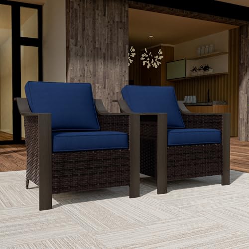 Qsoer Outdoor Wicker Chair Set of 2, All-Weather Use Patio Rattan Chair with Removable Water-Resistant Cushion, Ideal for Porch, Backyard, Balcony, Poolside, Blue