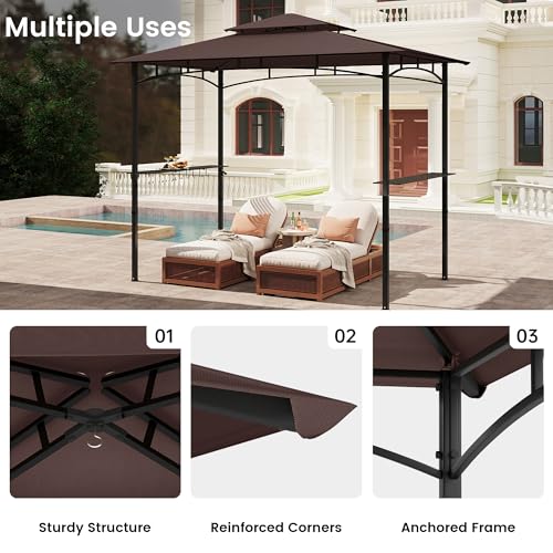 Murago 8x5 Grill Gazebo, BBQ Gazebo for Outdoor Grill, All Weather BBQ Canopy with 2 Shelves and Utensil Organizer, Steel Frame with Bottle Opener for Patio, Backyard, Grilling, Brown