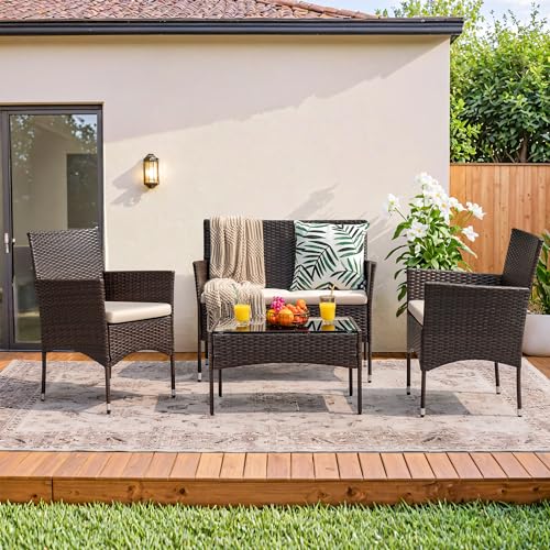 Homall 4 Pieces Outdoor Patio Furniture Sets Rattan Chair Wicker Set,Outdoor Indoor Use Backyard Porch Garden Poolside Balcony Furniture (Brown and Beige)