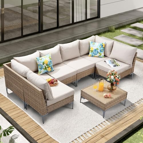 JOYURE 7 Piece Wicker Patio Furniture Set,Outdoor Conversation Sectional Sofa w/Coffee Table,All-Weather Outdoor Sofa with Thick and Anti-Slip Cushions for Deck,Poolside,Garden,Beige