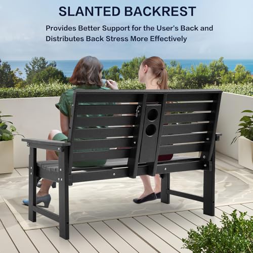 KULAMOON Outdoor Bench Weatherproof - HDPE 2-Person Garden Bench with Cup Holders, Bench Furniture with Backrest and Armrests, 700 lbs Capacity, Patio Park Bench for Front Porch Backyard Park (Black)