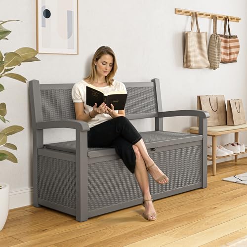GULAIMOAO 80 Gallon Outdoor Storage Box, Resin Patio Furniture with Armrest, Lockable Deck Box with Waterproof and UV Resistant for Patio Cushions, Garden Tools and Pool Supplies, Grey