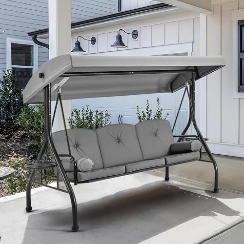 HOMREST 3 Seat Outdoor Porch Swing with 1.5" Deep Cup Holder, Adjustable Canopy,Patio Swing Bed with Stand, Patio Glider Swing with Thicken Cushions, Pillow(Grey)