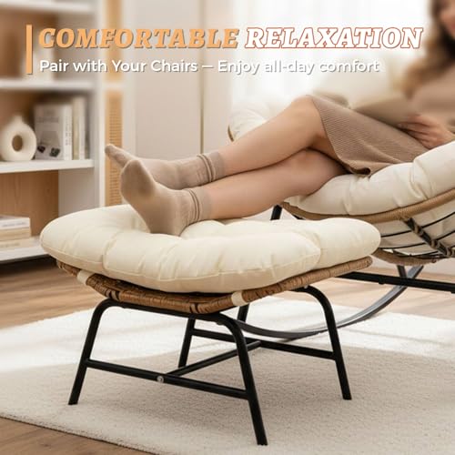 NICESOUL Indoor Outdoor Ottoman Set of 2, Large Wide Double Patio Footstool, PE Rattan Thicken Cushioned Footrest, All-Weather Wicker Furniture for Balcony, Porch, Living Room, Egg Chair, Beige