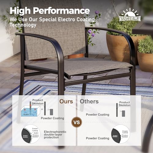 SUNSHINE VALLEY 5 Piece Patio Dining Set for 4, 37”x37” Square Table with Umbrella Hole, 4 Metal Brown Chairs, Outdoor Table and Chairs Set for Lawn Backyard and Deck