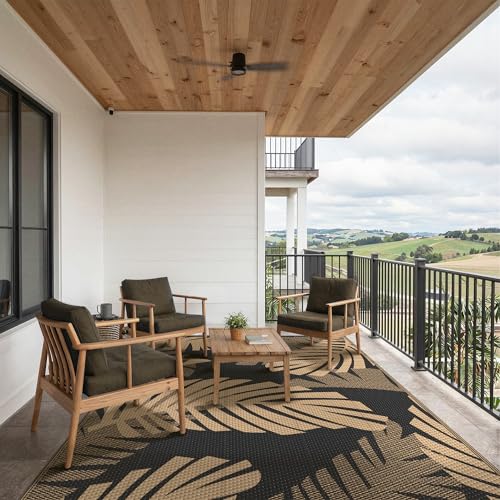 GENIMO Waterproof Outdoor Rug 9' x 12' for Patio Decor, Reversible Plastic Straw Area Rugs for Camping Clearance, RV Mat, Large Outside Carpet for Porch, Deck, Picni, Balcony, Garden, Black & Brown