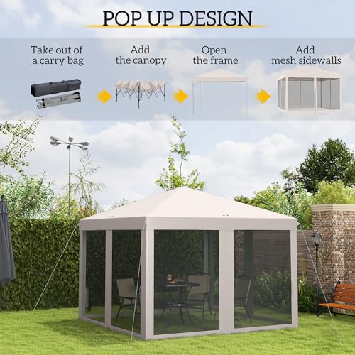 Outsunny 10' x 10' Pop Up Canopy Tent with Netting, Instant Gazebo, Screen House Room with Carry Bag, Height Adjustable, for Outdoor, Garden, Patio, Camping, Beige