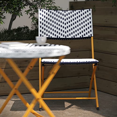 Flash Furniture Rouen Commercial Grade Folding Bistro Set, Indoor/Outdoor PE Rattan Table Top, Back and Seat, Natural Steel Frames, 3 Piece Set, Navy/White