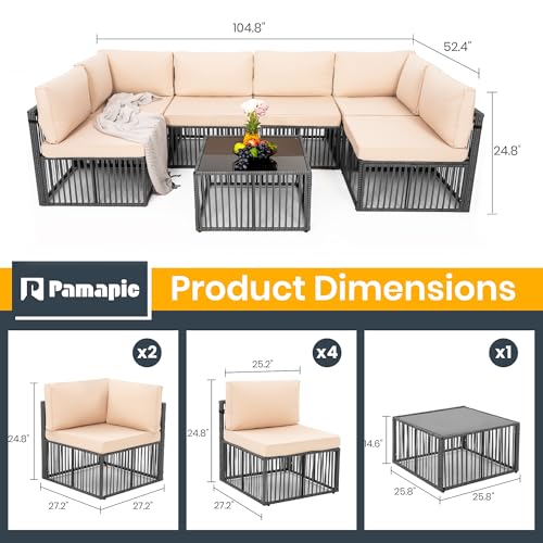 Pamapic 7-Piece Outdoor Sectional Set, Large Wicker Patio Furniture Set with Coffee Table and Washable Cushions Covers, All-Weather Patio Sofa Conversation Set for Backyard, Poolside, Garden