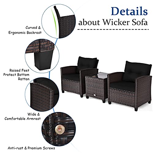 Tangkula 3 Pieces Patio Furniture Set, PE Rattan Wicker 3 Pcs Outdoor Sofa Set w/Washable Cushion and Tempered Glass Tabletop, Conversation Furniture for Garden Poolside Balcony (Black)