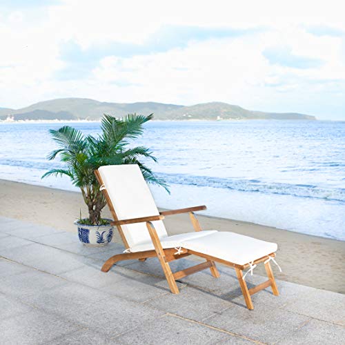 SAFAVIEH Outdoor - Palmdale Chaise Lounge Chair - Brown & Beige - Solid Wood with Cushion - Deck-Chair Design - Ideal for Patio, Poolside, Backyard, 21.9"W x 56.3"D x 36"H (PAT7015C)