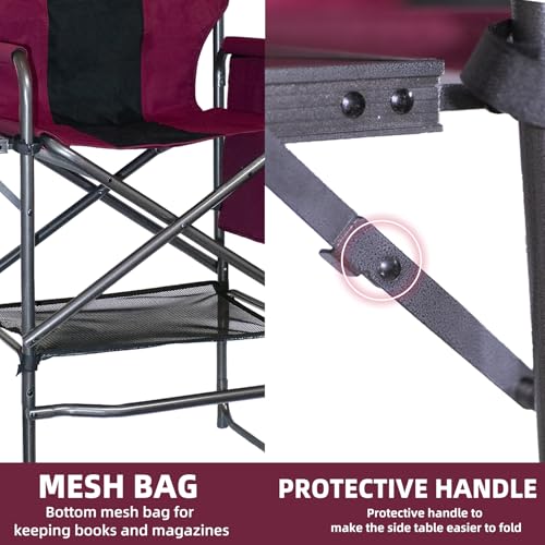Foristrail 30" Tall Directors Chair with Side Table, 400LBS Bar Height Folding Camping Chair for Makeup Artists, Outdoor Events, Portable Foldable Chair with Cup Holder & footrest - Wine Red/Black