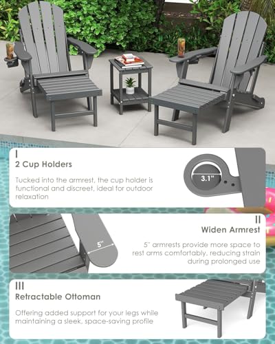 GREENVINES Adjustable Adirondack Chair with Retractable Ottoman Set of 2 | Folding | HDPE Plastic | Fire Pit Chairs w/Foot Rest | 2 Cup Holders | Grey | for Outdoor Patio Poolside Deck