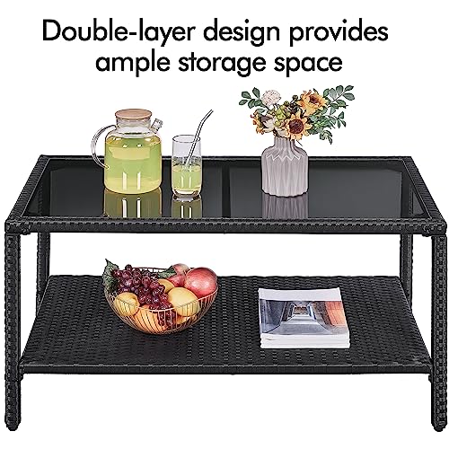 Yaheetech Outdoor Wicker Coffee Side Table, All-Weather Rattan Patio Storage Furniture with Tempered Glass Top for Garden, Black