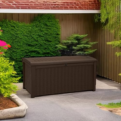 Keter Borneo 110 Gallon Resin Deck Box - Organization and Storage for Patio Furniture, Outdoor Cushions, Throw Pillows, Garden Tools and Pool Toys, Brown