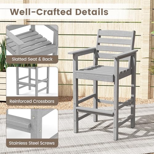 Tangkula Patio Adirondack Chairs Set of 2, HDPE Bar Height Chair with Wide Armrests & Footrest, Outdoor High-Top Slatted Bar Chairs with Backrest for Backyard, Lawn, Poolside (Grey)
