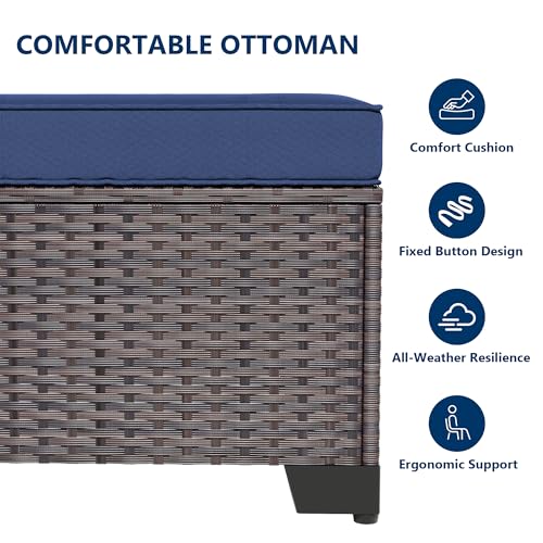 Kullavik Outdoor Ottoman Set of 2,All-Weather PE Wicker Outdoor Footstool with Thickened Cushions for Garden,Backyard,Deck,Porch,Poolside,Navy Blue