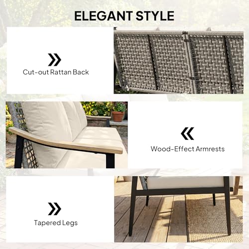 Outsunny Outdoor Patio Couch, 3 Seater Outdoor Sofa with Wood-Effect Armrests and Wicker Backrest, Outdoor Patio Furniture Couch with Cushions, Steel Frame for Porch, Garden, Backyard, Khaki