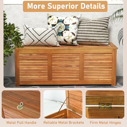 DREAMADE 47 Gallon Acacia Wood Deck Box, Patio Storage Bench with Large Capacity, Supports 355 lbs, Outdoor Storage Box for Garden Backyard Patio Porch Seating, Natural