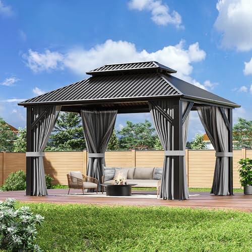 AirWire 10'x12' Gazebo Hardtop Gazebo, Aluminum Frame Pergola with Double Galvanized Steel Roof, Permanent Outdoor Metal Canopy with Curtain & Netting for Patio, Backyard, Deck, Dark Grey