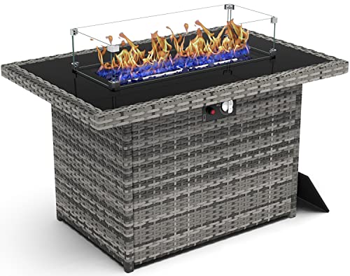 KHOLH 44 Inch Propane Gas Fire Pits Table for Outside Patio, 60000 BTU Rectangular Outdoor Wicker Rattan Fire Pit with Glass Wind Guard