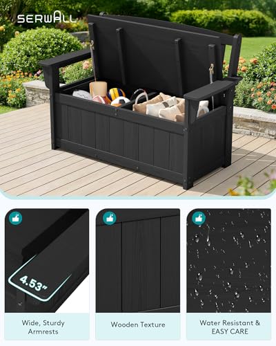 SERWALL HDPE Outdoor Storage Bench, All-Weather, UV-Resistant Deck Box with Waterproof Storage Bags, 57 Gallon Dual-Use Seat & Organizer Deck Boxes for Patio, Garden Tools & Pool (Dark Black)
