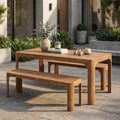 Christopher Knight Home Outdoor Dining Table Set with 2 Benches, 70" Acacia Wood Patio Table and Dual 57" Benches, Teak Finish Slatted Garden Furniture for Backyard Deck Seating 6-8 People