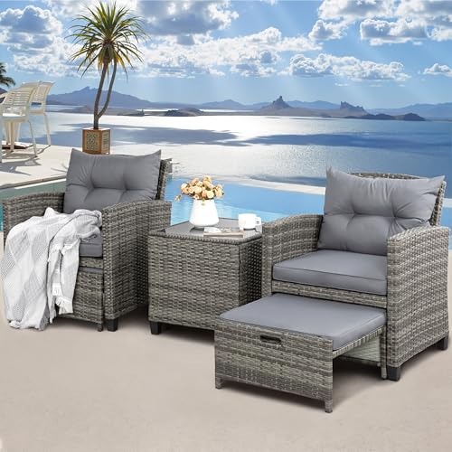 Shintenchi 5 Pieces Patio Furniture Set, Outdoor Wicker Patio Conversation Set with Ottoman, All Weather Rattan Outside Chairs with Coffee Table & Cushion for Porch, Garden, Backyard, Gray