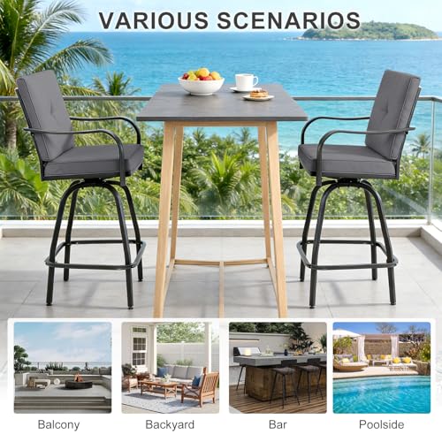 STRPRETTY BASIC Outdoor Swivel Bar Stools Set of 4, Patio Bar Height Swivel Stools with Cushions for Garden Balcony Backyard, Grey