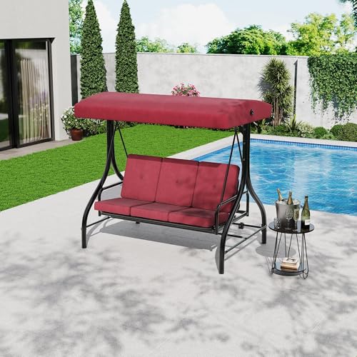 IDEALHOUSE Porch Swing with Stand, 3 Seat Outdoor Patio Swing, 2-in-1 Convertible Swing Bed, Stepless Adjustable UV Resistant Waterproof Canopy, 800 Lbs Capacity, Cushioned Swing for Garden Backyard