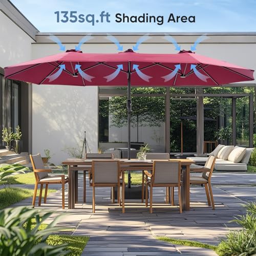 DUMOS 15FT Extra Large Patio Umbrella with Base Included, Rectangle Table Umbrella Outdoor Patio, 12 Sturdy Ribs Triple Head Canopy Outside Umbrellas for Deck, Backyard and Poolside,Garden, Red
