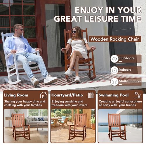Besunbar Wooden Outdoor Rocking Chair, Oversized Patio Rocking Chair w/400lbs Support & High Backrest | Porch, Lawn, Garden, Backyard，Natural