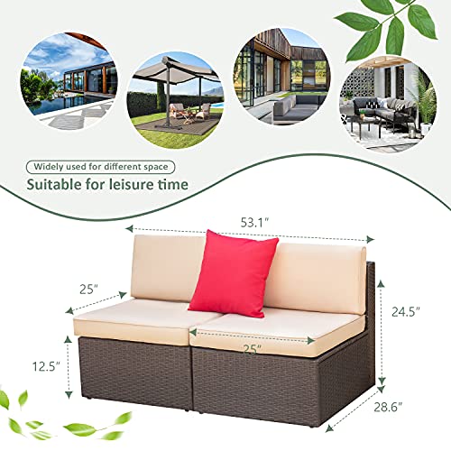 Devoko 2 Pieces Patio Furniture Sets,Wicker Outdoor Sofa with Thick Cushion and Pillow,Small Sectional Couch All-Weather Armless Sofa for Backyard,Porch & Poolside,Waterproof Patio Furniture
