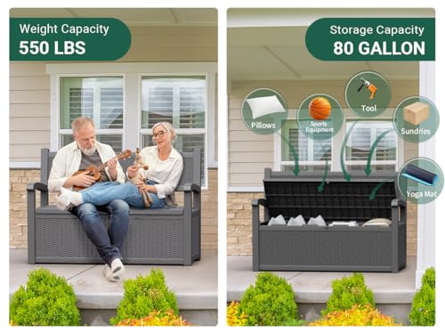 GULAIMOAO 80 Gallon Outdoor Storage Box, Resin Patio Furniture with Armrest, Lockable Deck Box with Waterproof and UV Resistant for Patio Cushions, Garden Tools and Pool Supplies, Grey