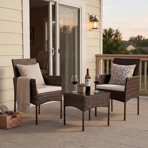 Sweetcrispy 3 Piece Patio Furniture Set, All-Weather Outdoor Conversation Set with Removable Cushions & Tempered Glass Table, Small Bistro Set for Balcony, Porch, Backyard, Deck, Brown
