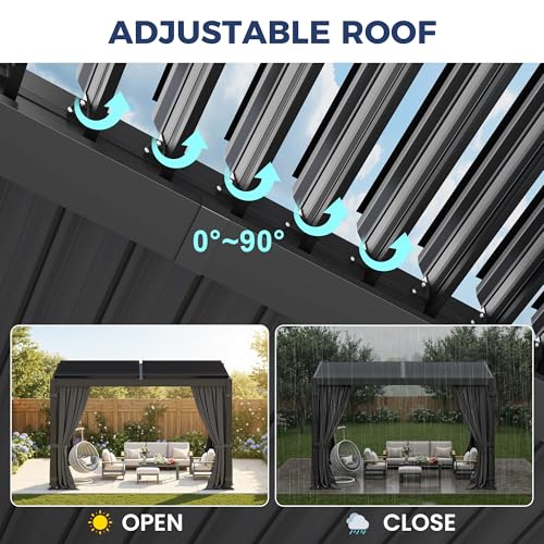 10' x 12' Louvered Pergola, Outdoor Pergola with Metal Adjustable Louvered Roof & Gutter System, Hardtop Patio Gazebo for Backyard, Patio, Garden, Dark Gray