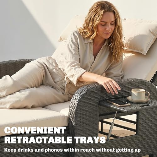Outsunny Patio Rattan Daybed, Wicker Outdoor Daybed with Storage Ottoman, Loveseat Sofa with Adjustable Backrest, Side Tables, Cushions, Headrests, Double Sunbed Lounger for Balcony, Beige