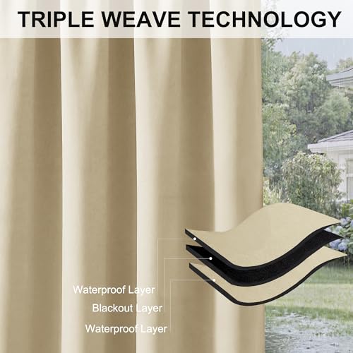 RYB HOME Outdoor Curtains for Patio Waterproof Block Sunlight Thermal Insulated Privacy Assured Thick Outside Curtains for Porch, Gazebo, Pergola, W52" x L84", Biscotti Beige, 1 Panel