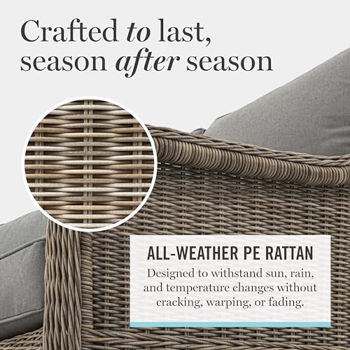 Martha Stewart Lily Pond Indoor-Outdoor Patio Loveseat in Weathered Gray Rattan Wicker with All-Weather Gray Back and Seat Cushions, 300 Lb. Static Weight Per Seat
