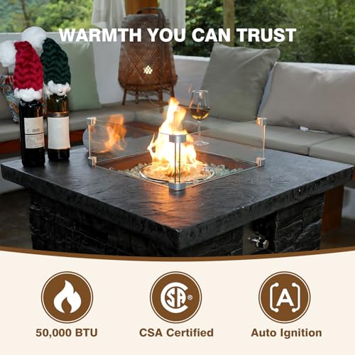 4-Piece Propane Fire Pit Table Set w Glass Wind Guard & Fire Glass Beads & Rain Cover, 35-Inch Square Outdoor Gas Fire Table 50,000 BTU for Patio, Black Terrazzo with Slate-Stone Look