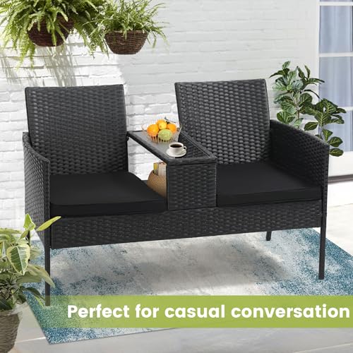 Kromax Wicker 2 Seat Patio Loveseat, Outdoor Rattan Loveseat with Table, Washable Cushion Covers, Backyard, Garden, Lawn, Black Rattan with Black Cushion