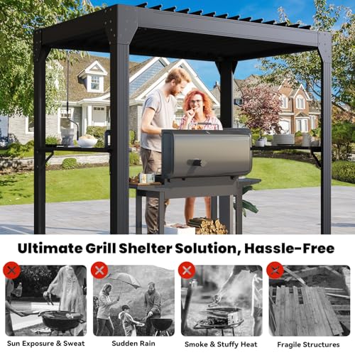 UPHYB 8x5 Louvered Pergola, Aluminum BBQ Pergola, Hardtop Gazebo for Outdoor Grill, Adjustable Rainproof Roof, Pergolas for Patio, Black
