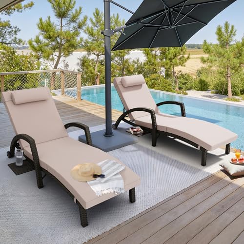 TellMagi Outdoor Chaise Lounge Chairs Set of 2, 5 Levels Adjustable Wicker Patio Pool Lounge Chair with Cushion, Pillow, Side Tray and Rubber Wheels for Backyard Deck Porch Outside (Khaki)