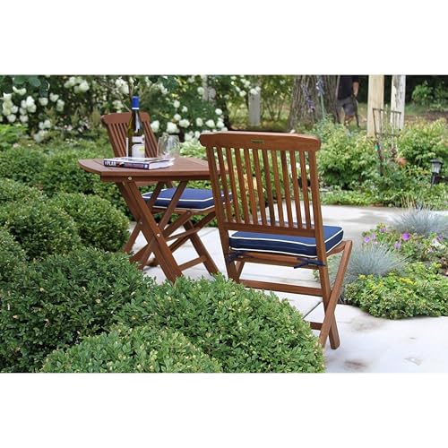Outdoor Interiors Eucalyptus Wood 3-Piece Square Foldable Bistro Outdoor Furniture Patio Set, Table and 2 Chairs with Cushions, Blue